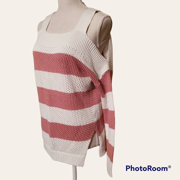 Elan Pink & White Cold Shoulder Knit Sweater - Picture 2 of 7